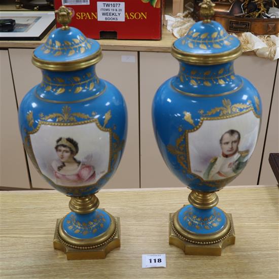 A pair of Sevres style Napoleon & Josephine bleu celeste vases and covers, late 19th century height 41cm